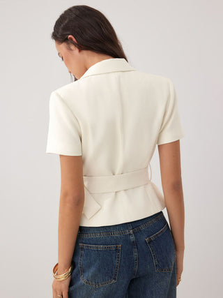 Collar Short Sleeve Peplum Belted Blazer With Shoulder Pads