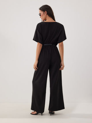 Boat Neck Batwing Sleeve High Rise Wide Leg Jumpsuit With Belt