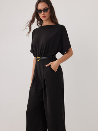 Boat Neck Batwing Sleeve High Rise Wide Leg Jumpsuit With Belt