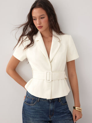 Collar Short Sleeve Peplum Belted Blazer With Shoulder Pads