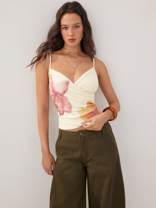 Floral V-neck Ruched Wrap Cami Top