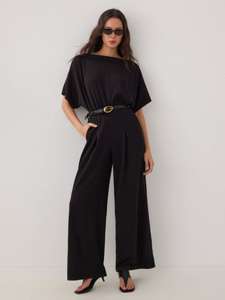Boat Neck Batwing Sleeve High Rise Wide Leg Jumpsuit With Belt