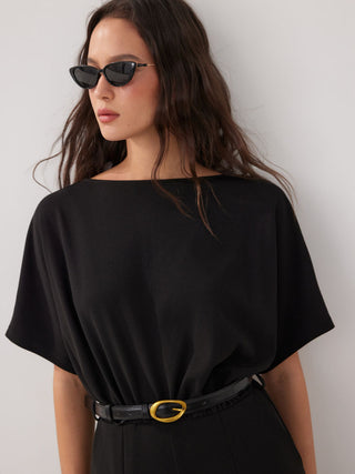 Boat Neck Batwing Sleeve High Rise Wide Leg Jumpsuit With Belt