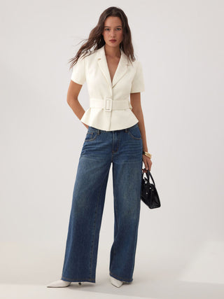 Collar Short Sleeve Peplum Belted Blazer With Shoulder Pads