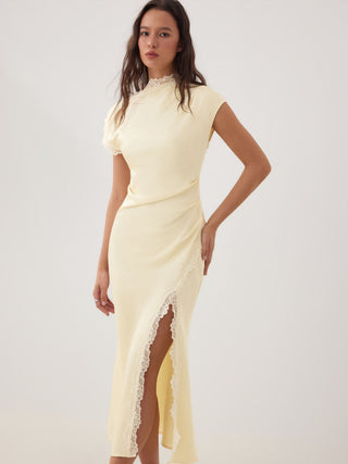 Satin Lace Trim Split Mermaid Maxi Dress