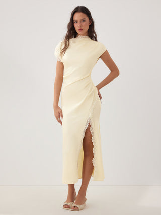 Satin Lace Trim Split Mermaid Maxi Dress