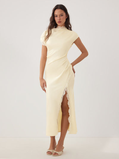 Satin Lace Trim Split Mermaid Maxi Dress