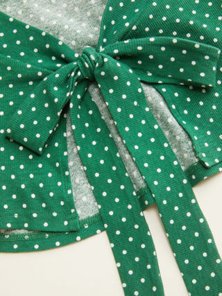 Cotton-blend Boat Neck Knotted Polka Dot Ruched Tank Top