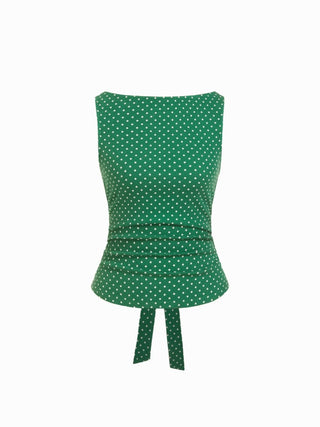 Cotton-blend Boat Neck Knotted Polka Dot Ruched Tank Top