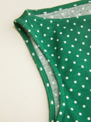 Cotton-blend Boat Neck Knotted Polka Dot Ruched Tank Top