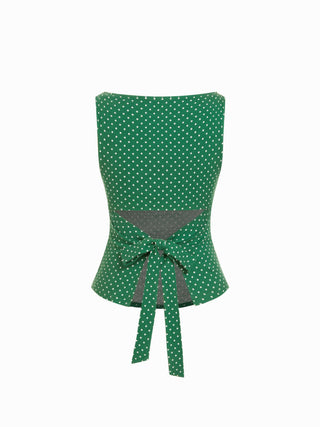 Cotton-blend Boat Neck Knotted Polka Dot Ruched Tank Top