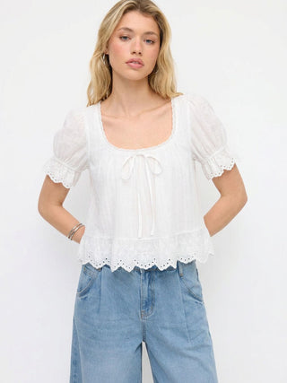 Cotton Lace Trim Knotted Short Puff Sleeve Blouse