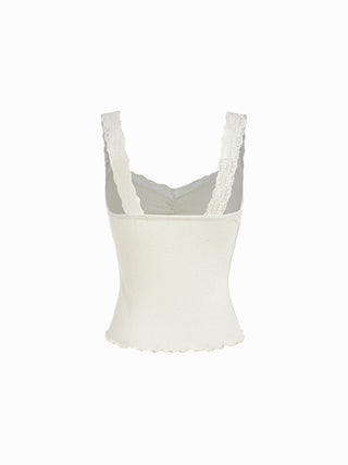 Pointelle Scoop Neck Ruched Lace Trim Lettuce Hem Cami Top