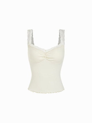 Pointelle Scoop Neck Ruched Lace Trim Lettuce Hem Cami Top