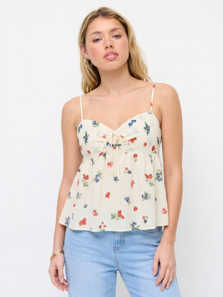 Fruit Graphic Sweetheart Neck Knotted Ruched Babydoll Cami Blouse