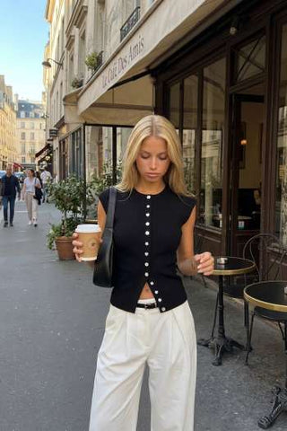 Knit Round Neck Button Front Top