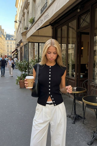 Knit Round Neck Button Front Top