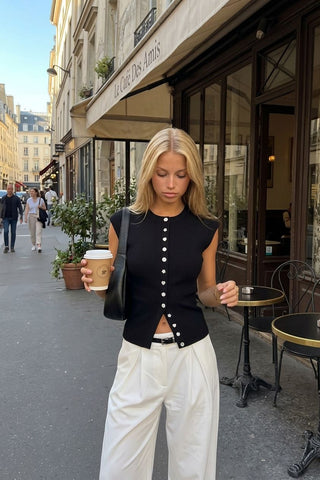 Knit Round Neck Button Front Top
