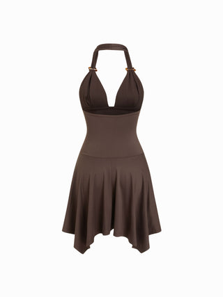 High Stretch Halter Neckline Asymmetrical Flared Mini Dress