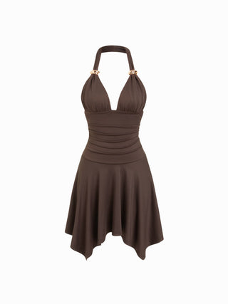 High Stretch Halter Neckline Asymmetrical Flared Mini Dress
