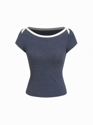 Knit Fabric Cotton-blend Striped Boat Neck Short Sleeve Tee For Daily Casual