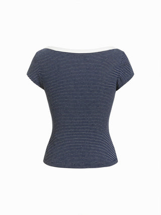 Knit Fabric Cotton-blend Striped Boat Neck Short Sleeve Tee For Daily Casual