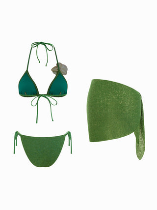 Halter Neckline Flower Detail Tie Side Triangle Bikini Set With Sarong
