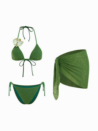 Halter Neckline Flower Detail Tie Side Triangle Bikini Set With Sarong
