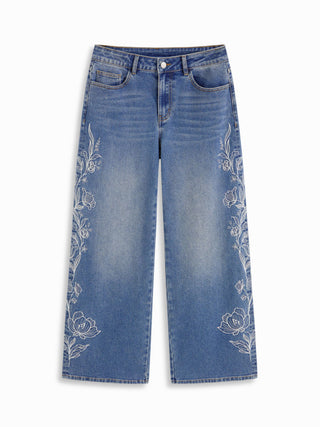 Denim Floral Embroidery Low Rise Straight Leg Jeans