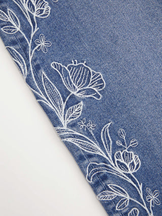 Denim Floral Embroidery Low Rise Straight Leg Jeans