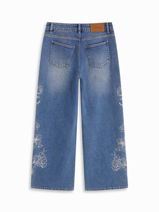 Denim Floral Embroidery Low Rise Straight Leg Jeans