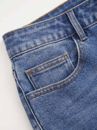 Denim Floral Embroidery Low Rise Straight Leg Jeans