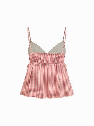 Gingham Sweetheart Lace Panel Ruffle Cami Top