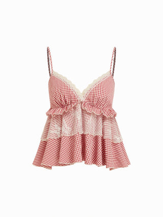 Gingham Sweetheart Lace Panel Ruffle Cami Top