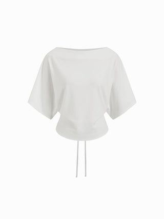 Cotton-blend Boat Neck Batwing Sleeve Drawstring Tee