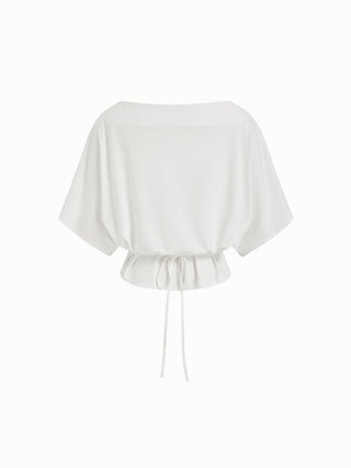 Cotton-blend Boat Neck Batwing Sleeve Drawstring Tee