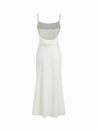 Satin Square Neck Ruched Lace Maxi Dress