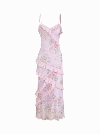 Lace V-neck Floral Ruffle Maxi Dress