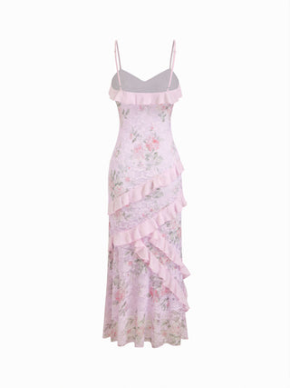 Lace V-neck Floral Ruffle Maxi Dress