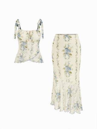 Mesh Mesh Floral Bowknot Cami Top & Mid Rise Maxi Skirt Set For Vacation