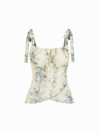 Mesh Mesh Floral Bowknot Cami Top & Mid Rise Maxi Skirt Set For Vacation