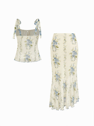 Mesh Mesh Floral Bowknot Cami Top & Mid Rise Maxi Skirt Set For Vacation
