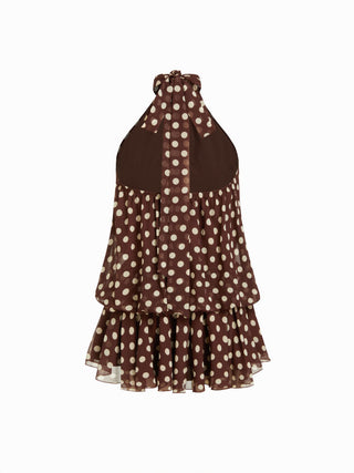Chiffon Polka Dot Halter Neck Ruffle Bubble Mini Dress
