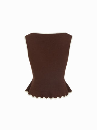 Knit Boat Neck Colorblock Ruffled Hem Metal Button Vest