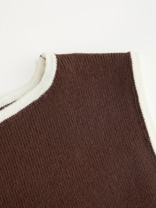 Knit Boat Neck Colorblock Ruffled Hem Metal Button Vest