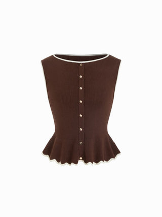 Knit Boat Neck Colorblock Ruffled Hem Metal Button Vest