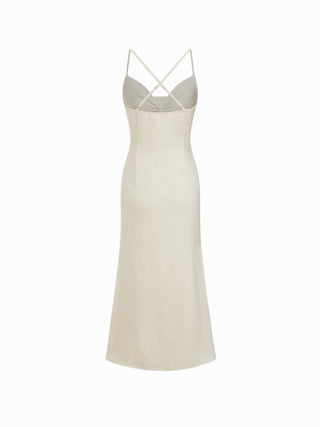 Satin Cowl Neck Lace Panel Mermaid Maxi Dress