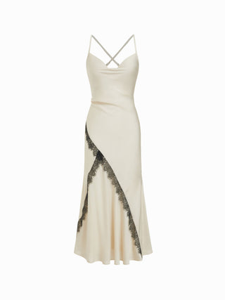 Satin Cowl Neck Lace Panel Mermaid Maxi Dress