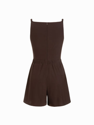 Knit Fabric Square Neck Zipper Back Pocket Romper