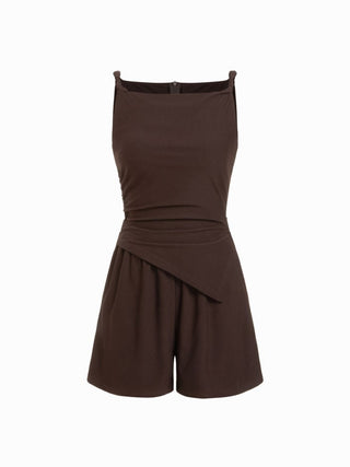 Knit Fabric Square Neck Zipper Back Pocket Romper